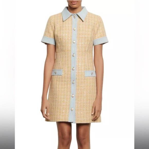 Sandro Mella Denim-Paneled Metallic Cotton-Blend Tweed Mini Dress Yellow&Blue - Picture 1 of 5